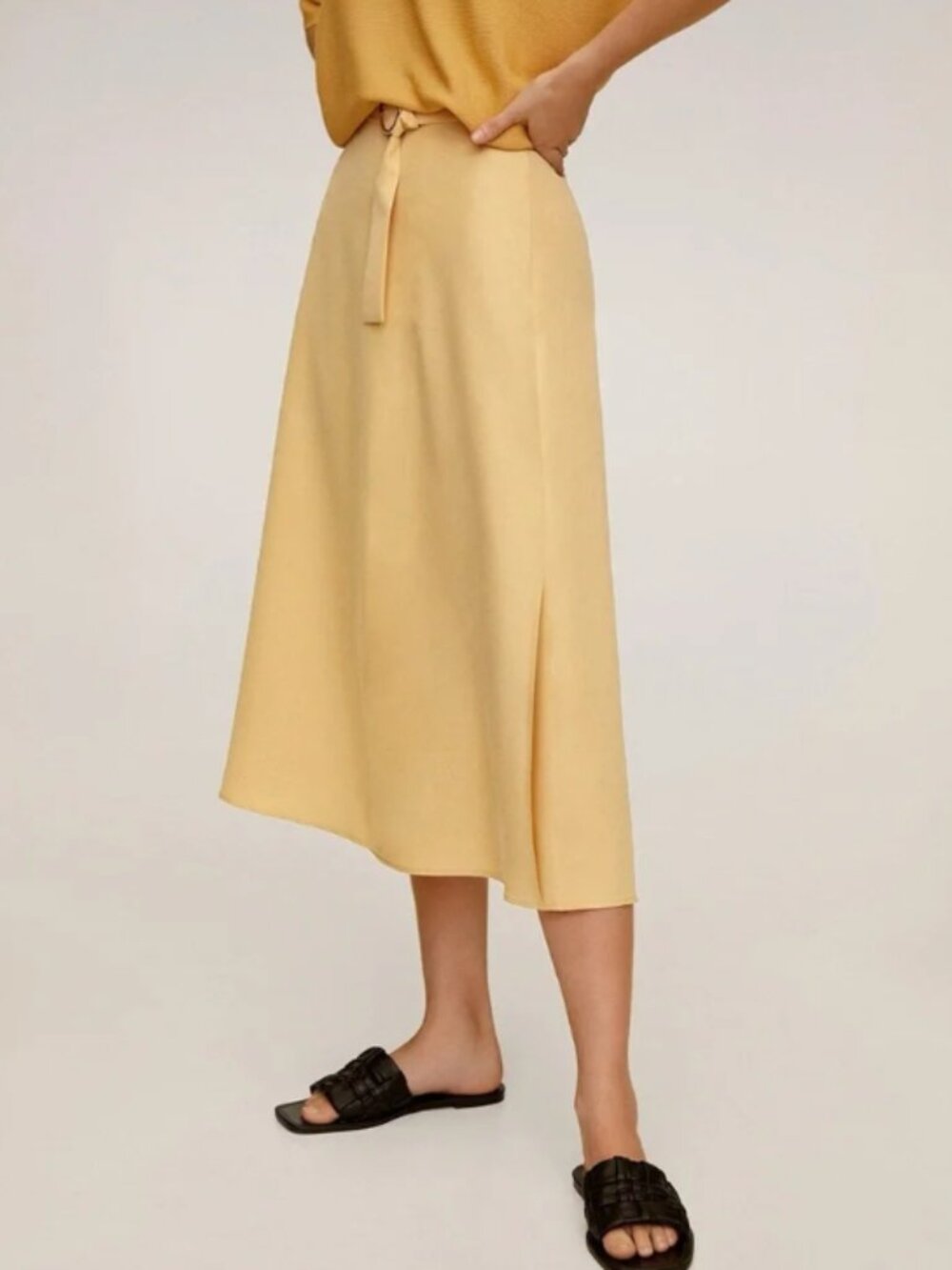 Mango Light Yellow Belted Midi Skirt with Slit Size XS
